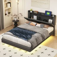 Łóżka - Łóżko tapicerowane Flieks 140x200 cm z USB, podwójne łóżko młodzieżowe z LED, klasyczne łóżko drewniane z zagłówkiem i stelażem z listew, len, szare - miniaturka - grafika 1