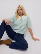 Swetry damskie - Reserved - Kardigan z ozdobnym kołnierzem - jasnozielony - miniaturka - grafika 1