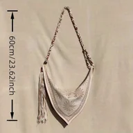 Torebki damskie - TEMU 2025 Bohemska Etniczna Torba Nylonowa dla Kobiet - Duża Pojemność, Otwarty Wierzch z Frędzlami i Kwiatowymi Ozdobami, Biała Torba Boho Chic na - miniaturka - grafika 1