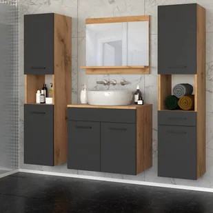 Zestaw Mebli Łazienkowych Umywalka Z Lustrem Słupek Dąb Wotan Szary Mat - Meble łazienkowe - miniaturka - grafika 1