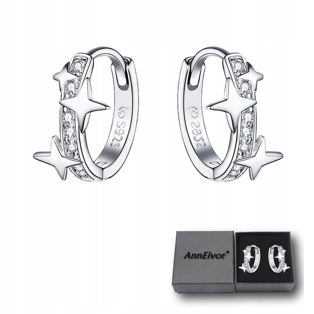 Kolczyki Damskie Srebrne 925 Gwiazdki Kryształki Zatrzask Delikatne Prezent