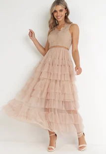 Beżowa Sukienka Maxi z Tiulowym Dołem i Koronkową Górą Deliva - Sukienki - miniaturka - grafika 1