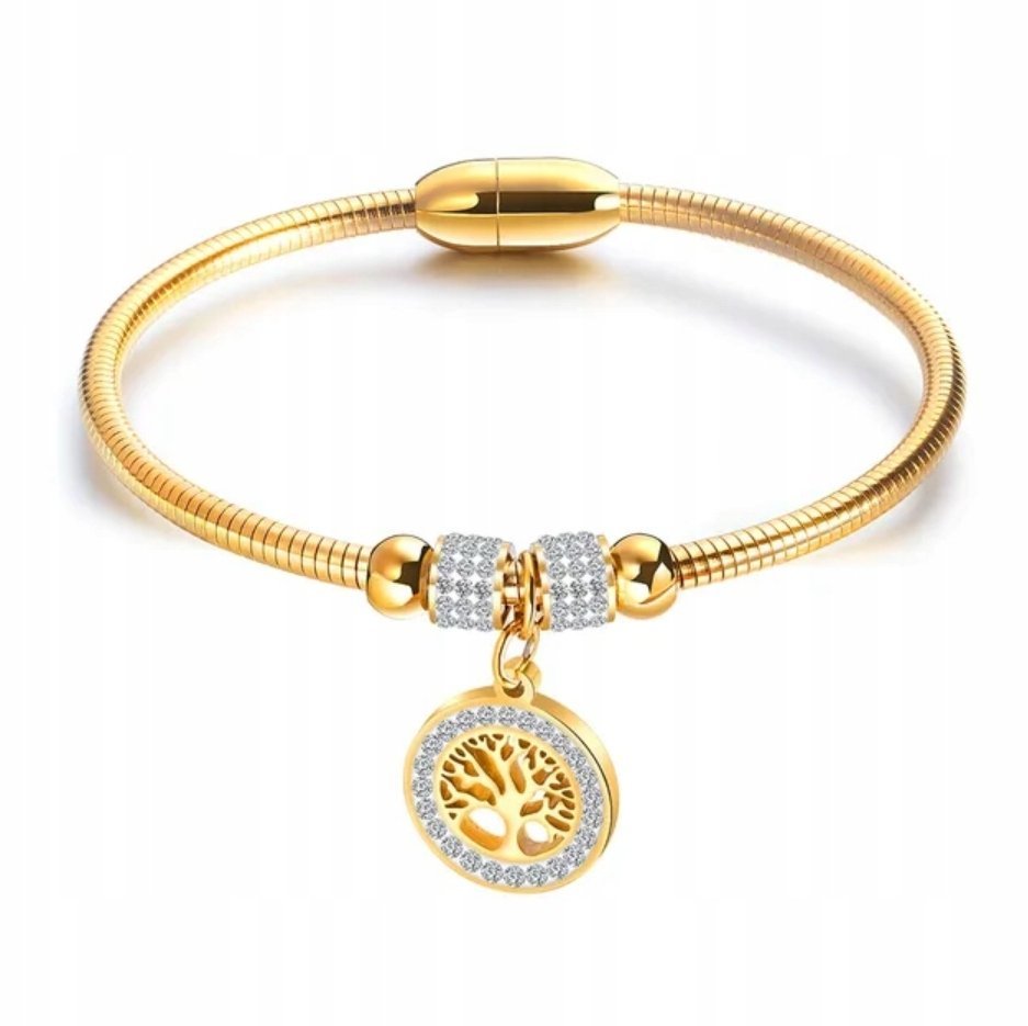 Złota Bransoletka Drzewo Życia Cyrkonie Tree of Life Magnetyczne Zapięcie