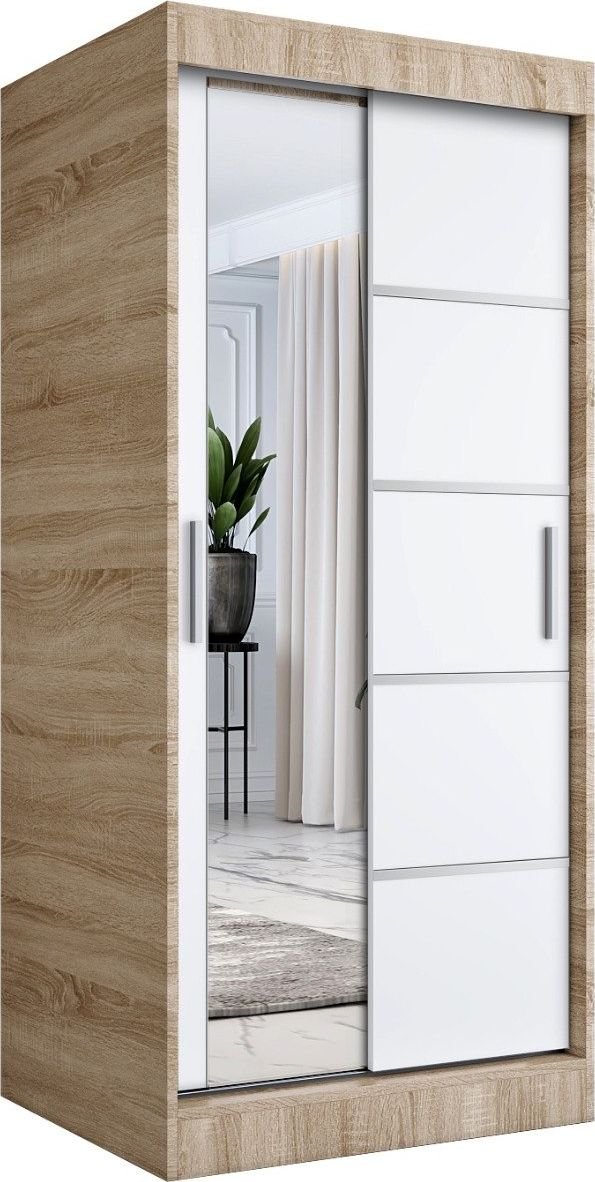 MKPOL Szafa przesuwna MODUO COMFORT 3 90 dąb sonoma/biała mat z lustrem