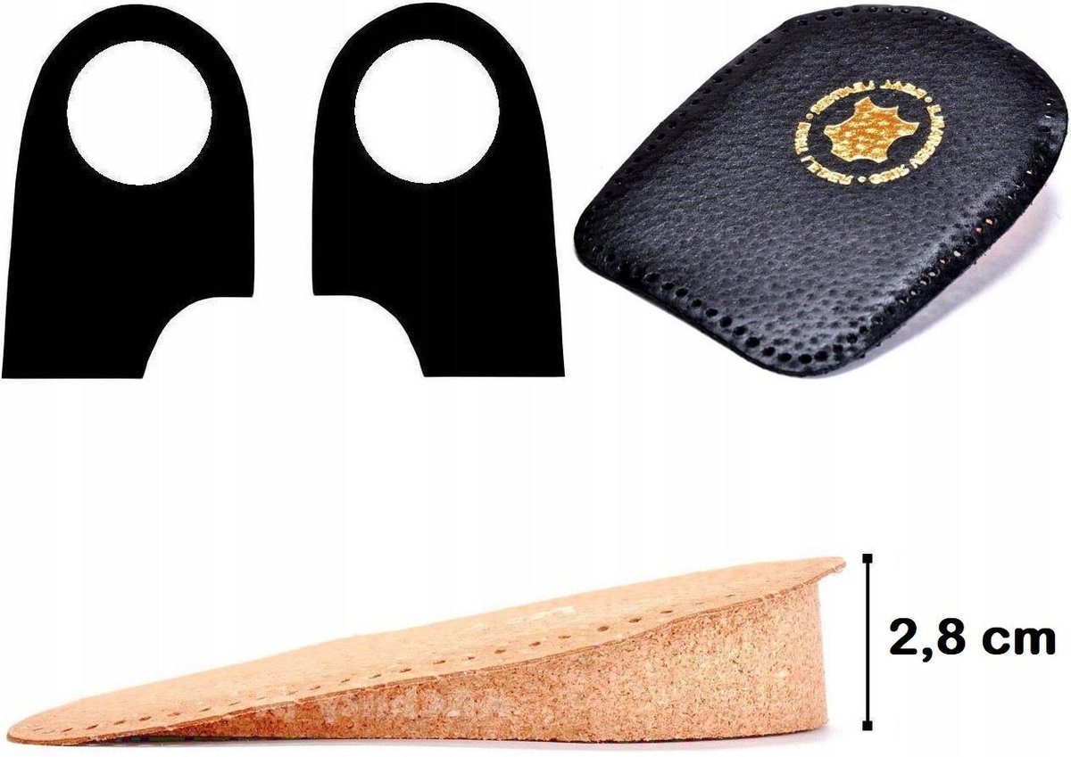 CZARNE Podpiętki na OSTROGI Skóra Lateks Korek PODWYŻSZAJĄCE 28 mm + 2,8 CM