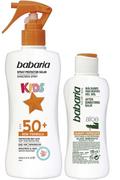 Zestawy kosmetyków damskich - Zestaw Babaria Sun Kids spray do ochrony przeciwsłonecznej Water Resistant SPF50 Spray 200 ml + Balsam po opalianiu 100 ml (8410412520294) - miniaturka - grafika 1