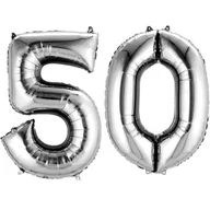 Balony i akcesoria - Amscan Balon foliowy cyfra 5+0, "50 Urodziny", 34", srebrna 3387401 - miniaturka - grafika 1