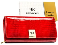 Portfele - Portfel damski skórzany ROVICKY elegancki duży lakierowany czerwony ochrona RFIF STOP - miniaturka - grafika 1