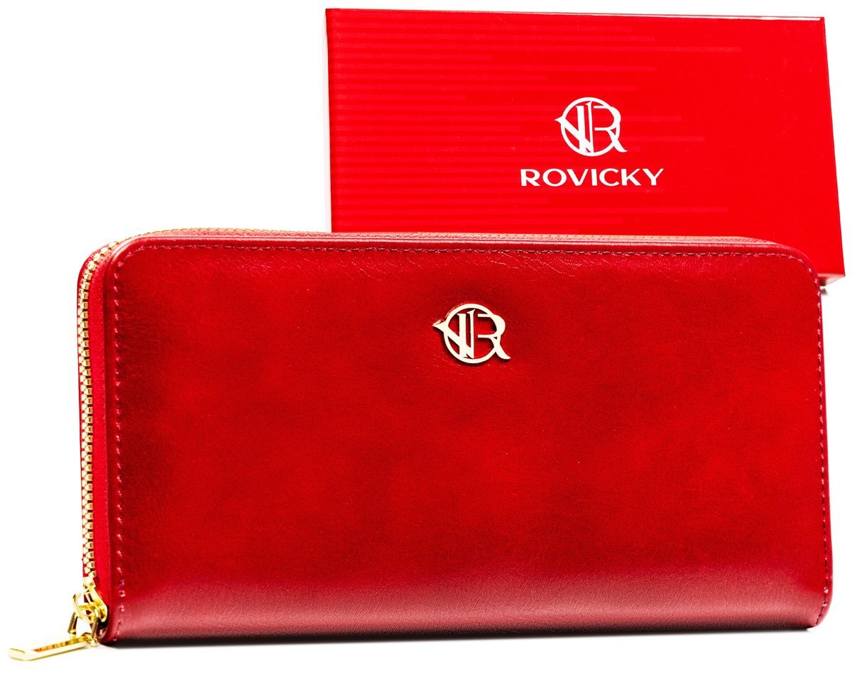 Portfel eko damski Rovicky na suwak pojemny piórnik na karty i dokumenty zasuwana portmonetka, czerwony