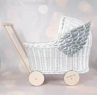 Wózki dla lalek - Srebrne Skrzydła Wiklinowy Biały Wózek Dla Lalek, Pchacz + Pościel  / Royal Baby Room - miniaturka - grafika 1