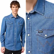 Koszule męskie - Wrangler LS WESTERN SHIRT Barrel Blue KOSZULA JEANSOWA DżINS REGULAR S - miniaturka - grafika 1