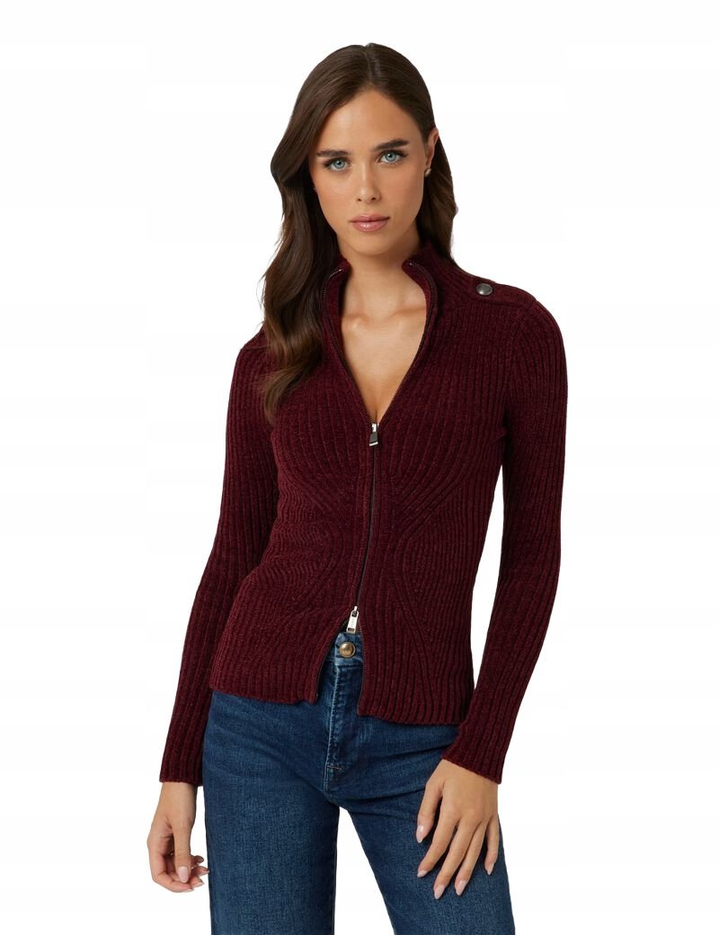 GUESS SWETER DAMSKI BORDOWY DOPASOWANY Z ZAMKIEM I PAGONAMI M 2CA