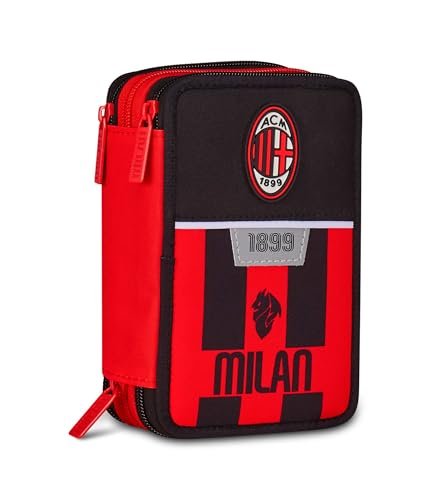 Seven Milan Piórnik szkolny z 3 zamkami błyskawicznymi, czarny, potrójny pojemnik na długopisy w komplecie z długopisami, ołówkami, kolorami, akcesoriami do plecaka, szkoły podstawowej, dzieci w piłce