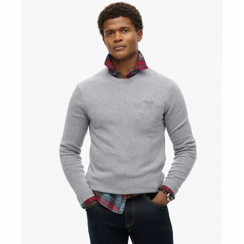 SUPERDRY SZARY MĘSKI SWETER Z OKRĄGŁYM DEKOLTEM Z WEŁNĄ I BAWEŁNĄ XL FTA