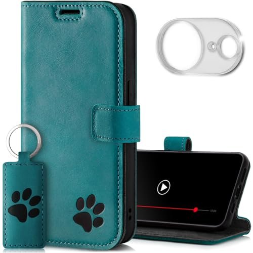 SURAZO Skórzane etui na telefon komórkowy do Apple iPhone 16e, etui z ochroną aparatu i stojakiem – etui ochronne premium z prawdziwej skóry z przegródką na karty, ochroną RFID, motyw łapy, etui