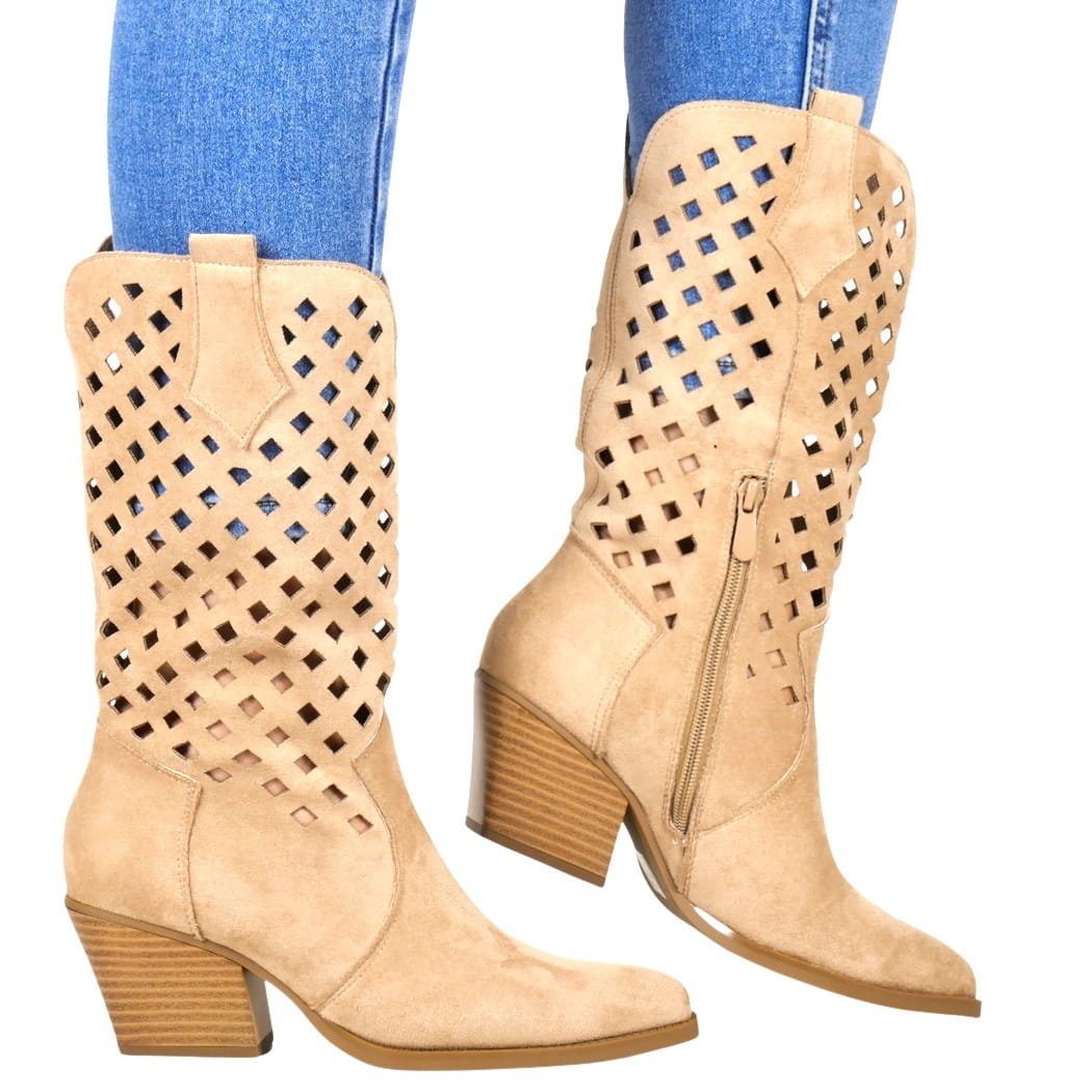 KOWBOJKI AŻUROWE KOZAKI PRZED KOLANO SEASTAR 605P BEŻOWE ZAMSZOWE, 40, 25,5cm