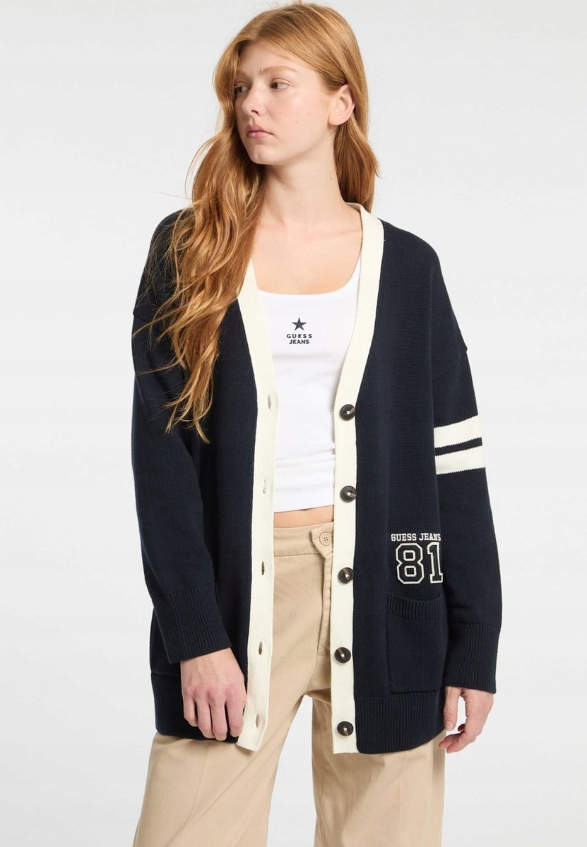 GUESS GRANATOWY SWETER KARDIGAN Z BIAŁYMI LAMPASAMI I NASZYWKĄ S 1GŁA