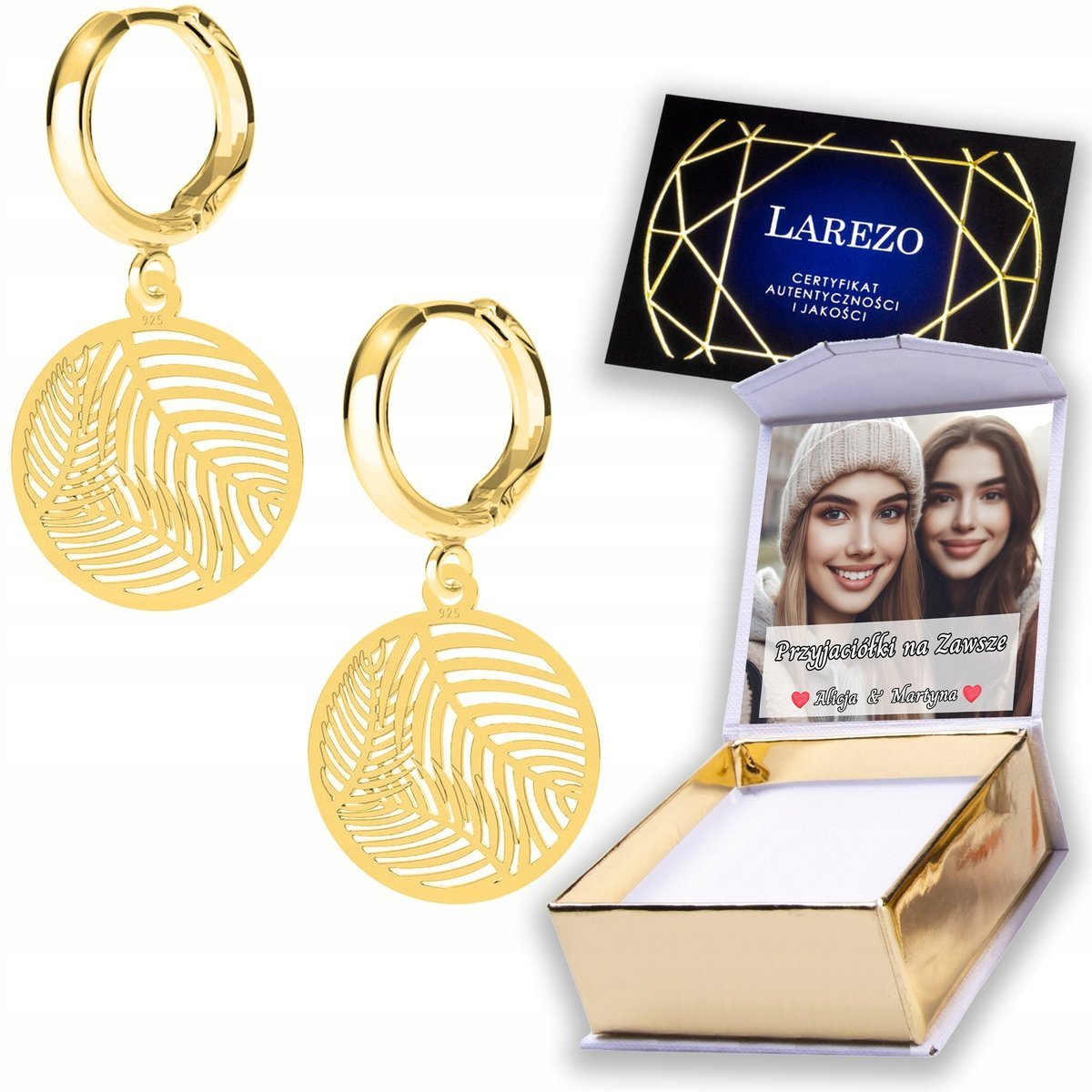 Złote Kolczyki 925 Okrągłe Blaszki z Liśćmi Palmy Liść Palma NADRUK