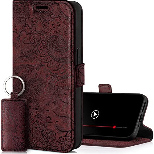 SURAZO Etui na telefon komórkowy Samsung Galaxy S23 FE Slim z magnesem – składane etui ochronne z prawdziwej skóry [przegródka na karty, ochrona RFID, kwiatowy wzór] etui z klapką (burgundowe)