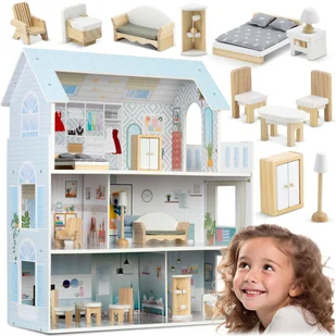 Duży drewniany domek dla lalek niebieski akcesoria Ricokids - Domki dla lalek - miniaturka - grafika 1