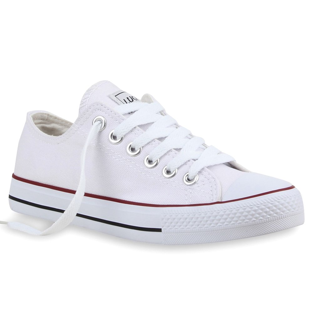Mytrendshoe Damskie Trampki Niskie Płócienne Buty Casualowe Sznurowane Buty Sportowe 94237, Kolor: Biały Czerwony Pasek Lucky, Rozmiar: 37