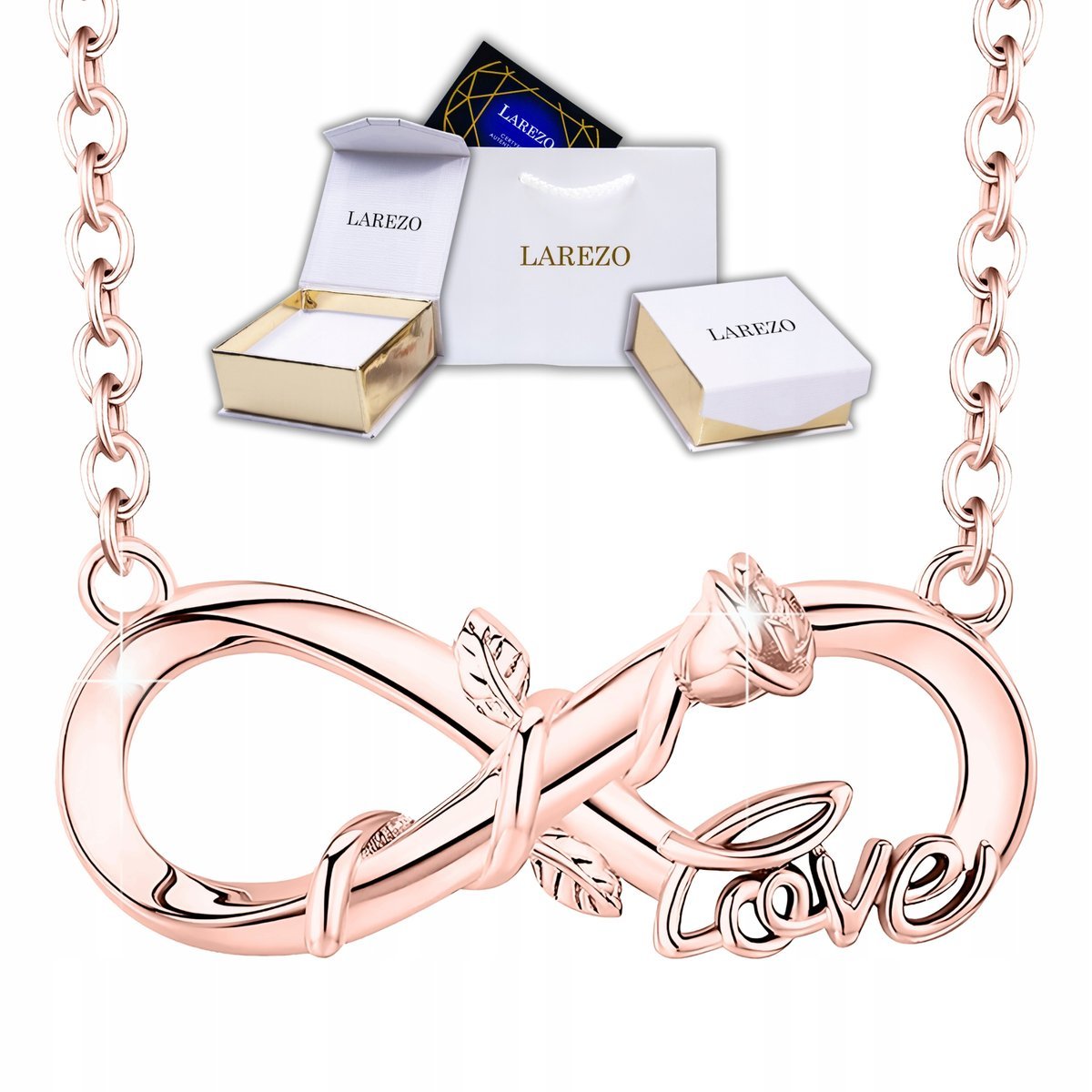 Różowy Naszyjnik Nieskończoność z Różą Napisem Love Kwiat Życia SREBRO 925