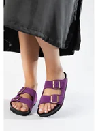 Klapki i japonki damskie - BAYTON Skórzane klapki "Atlas" w kolorze fioletowym - miniaturka - grafika 1