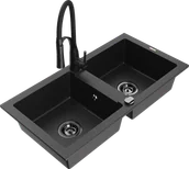 Zlewozmywaki z baterią - Mexen Mario zlewozmywak granitowy 2-komorowy z baterią kuchenną Aster, czarny/srebrny metalik - 6504-73-73450-70-B - miniaturka - grafika 1