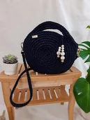 Torebki damskie - Okrągła torebka ze sznurka, duża - czarna - miniaturka - grafika 1