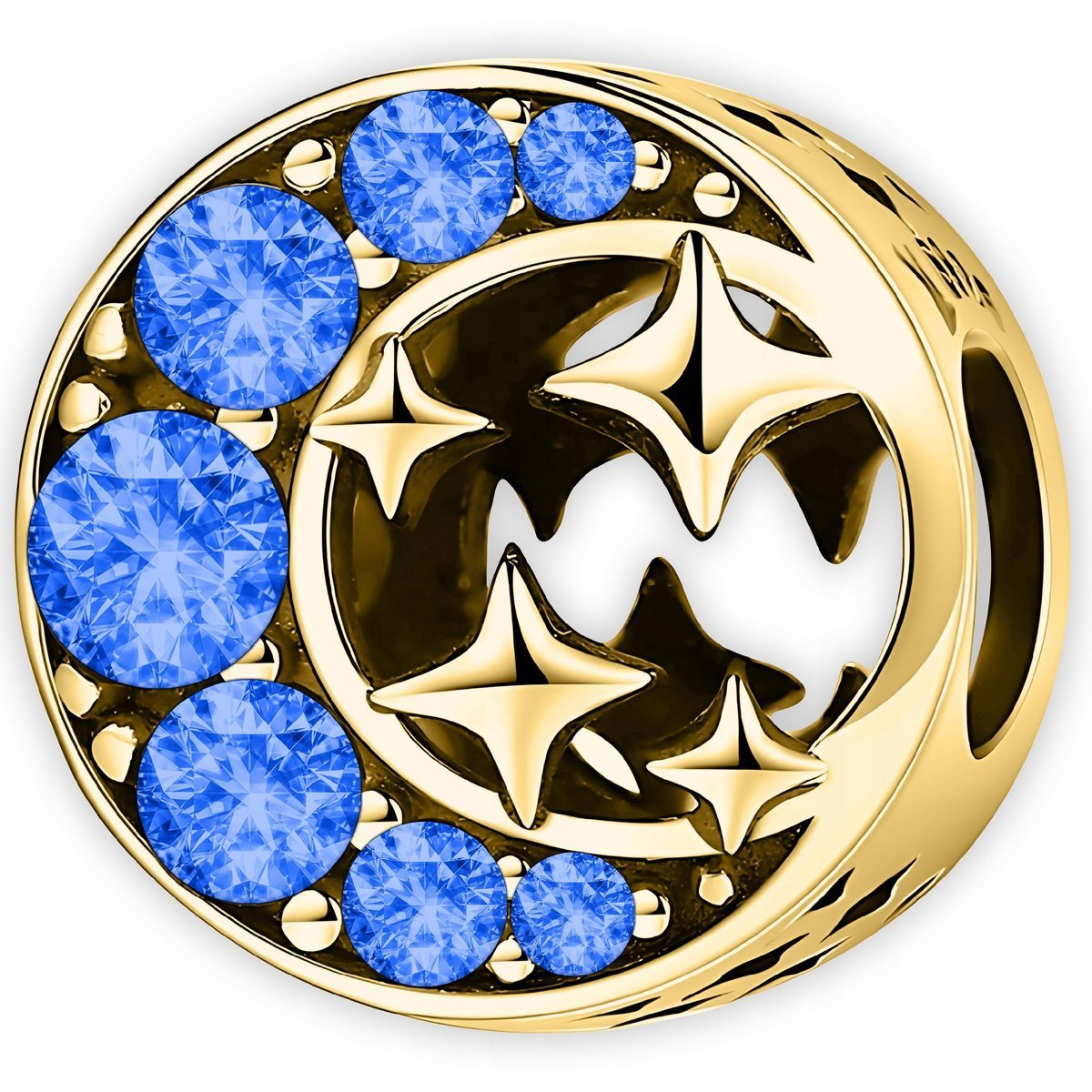 Złoty Charms Księżyc Gwiazdy Niebieskie Cyrkonie Półksiężyc SREBRO 925