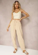 Spodnie damskie - Beżowe Casualowe Spodnie High Waist Wykończone Gumką w Pasie Dimrue - miniaturka - grafika 1