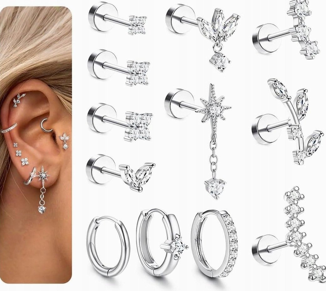 KOLCZYKI 12 SZTUK HELIX PIERCING STAL NIERDZEWNA WIELOKOLOROWE KUBIK FL