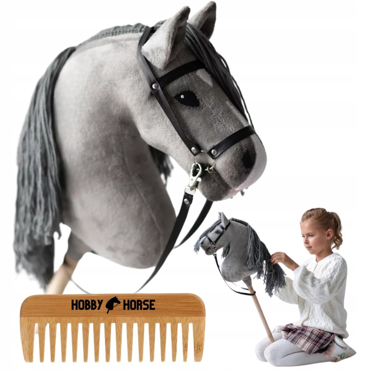 HOBBY HORSE KOŃ NA KIJU KONIK GŁOWA KONIA PATYKU Z GRZYWĄ + GRZEBIEŃ [M-HOBBYHORSE4]