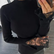 Swetry damskie - TEMU Czarny top z imitacją kołnierzyka i koronkowymi rękawami dzwoneczkami, idealny na jesień i zimę. - miniaturka - grafika 1