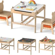 Stoliki dla dzieci - Stolik dla Dzieci z 2 Krzesełkami w Kształcie Misiów, Stolik do Rysowania z Dwustronnym Blatem w Kolorze Białym/Czarnym, 2 Pojemniki (Naturalny Miś) - miniaturka - grafika 1