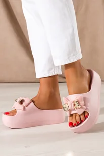 Różowe klapki damskie na piankowej platformie z kokardą i złotymi ozdobami Casu HK57-4 - Klapki i japonki damskie - miniaturka - grafika 1