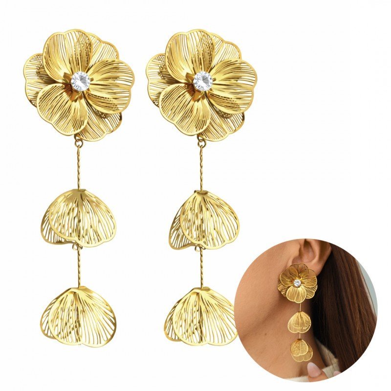 Kolczyki Ze Stali Szlachetnej Pozłacane 14K Złotem Perły Efektowne Wiszące