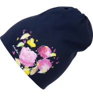 Czapki damskie - Czapka cienka dla dziecka, z motywem kwiatowym, granatowa - miniaturka - grafika 1