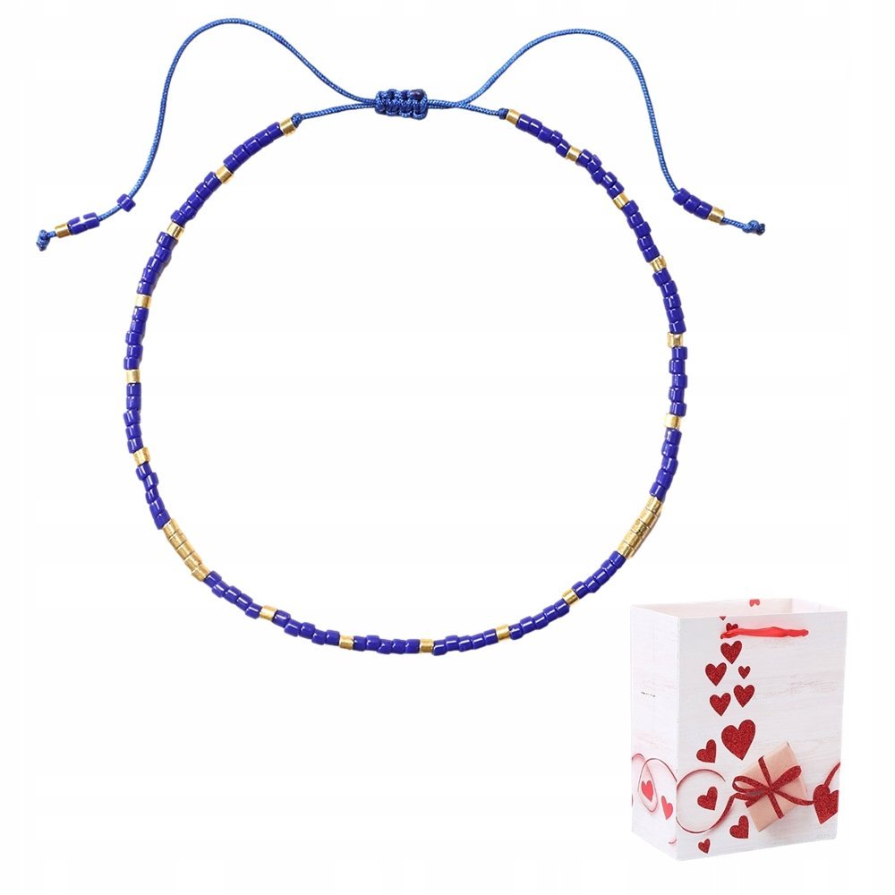 Bransoletka Cienka Złota Regulowana Koralik Szklane Miyuki Delica Niebieska