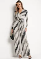 Kombinezony - Szaro-Czarny Kopertowy Kombinezon w Paski z Prostymi Nogawkami i Paskiem Aselle - miniaturka - grafika 1