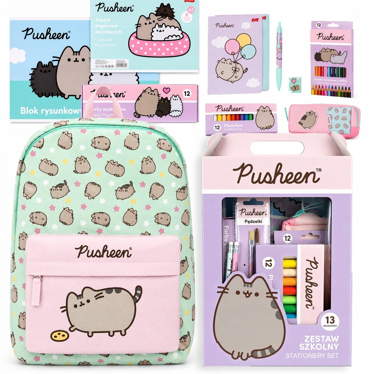 Zestaw Plecak Szkolny Pusheen Zielony Wyprawka Pusheen Przybory Szkolne