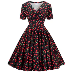 Sukienka pin up retro w wiśnie wisienki CHERRY rozkloszowana Produkt Polski - Sukienki - miniaturka - grafika 1