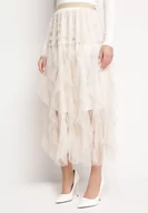 Spódnice - Jasnobeżowa Spódnica Tiulowa z Gumką w Pasie Eviune - miniaturka - grafika 1