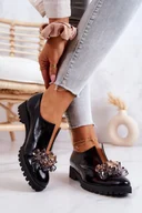 Półbuty damskie - Eleganckie Skórzane Półbuty Z Ozdobą Czarne Cindy - Butosklep - miniaturka - grafika 1