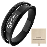 Bransolety męskie - Bransoletka z GRAWEREM męska skórzana CZARNA stal - miniaturka - grafika 1