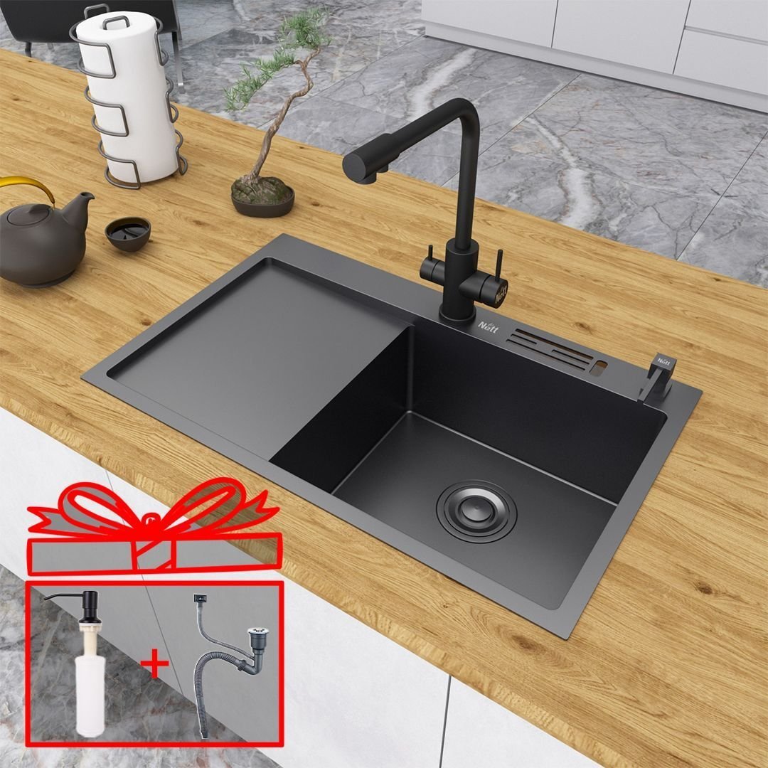 Nett Zlewozmywak Granitan Czarny kuchenny stalowy z ociekaczem po lewej 80 cm NB-7848L 406201