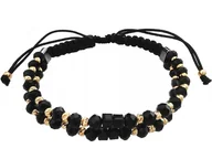 Bransoletki - Złota bransoletka 585 podwójna ze złotymi i czarnymi kuleczkami na czarnym sznurku - miniaturka - grafika 1