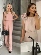 Komplety damskie - Elegancki komplet pudrowy róż bluzka z wiązaniem + spodnie dzwony polska produkcja Fresh - PERFE - miniaturka - grafika 1