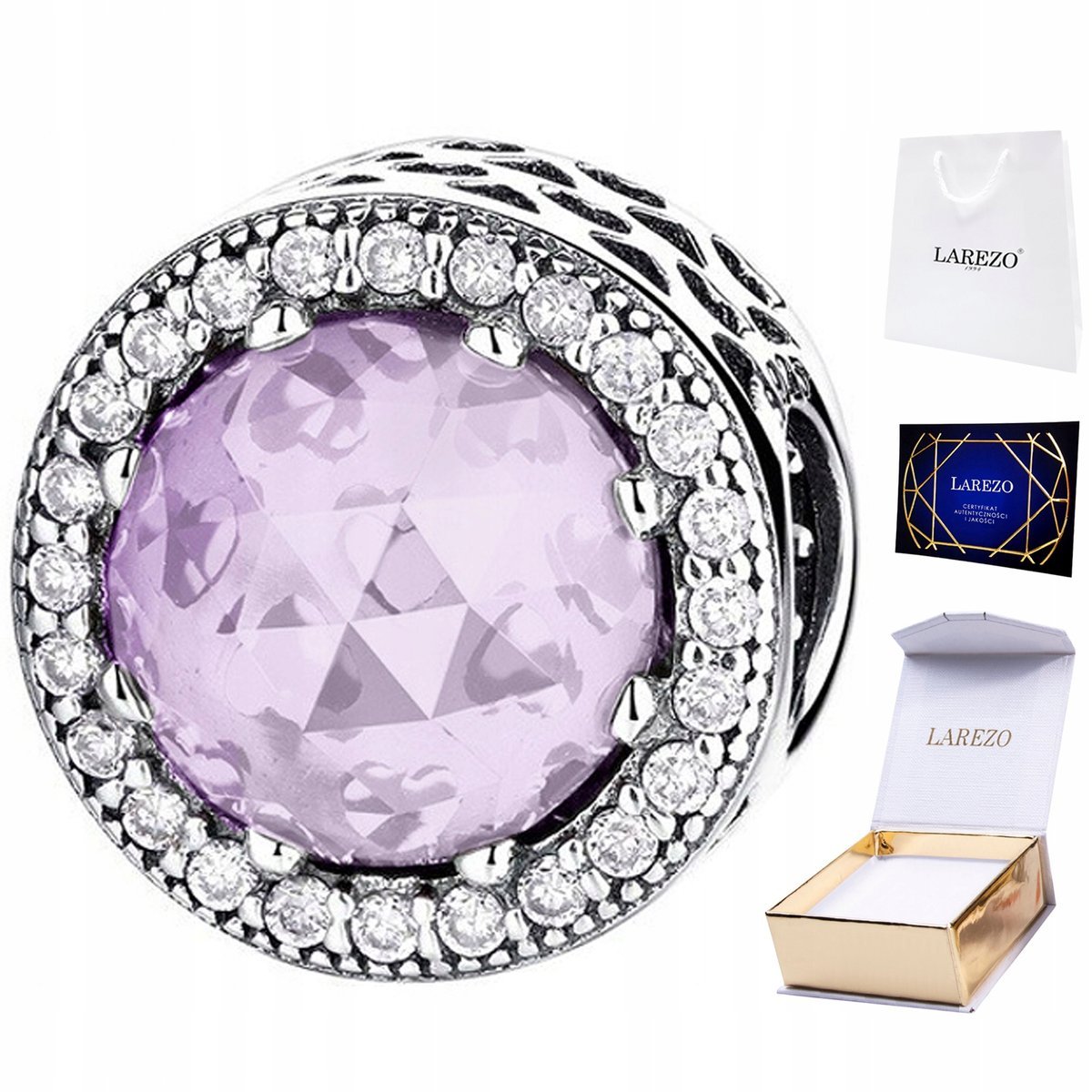 CHARMS SREBRNY Różowy Kryształ Koralik Kamień z Cyrkoniami Lśniące Cyrkonie