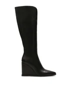 Kozaki damskie - Skórzane kozaki na koturnie z noskiem w szpic - miniaturka - grafika 1